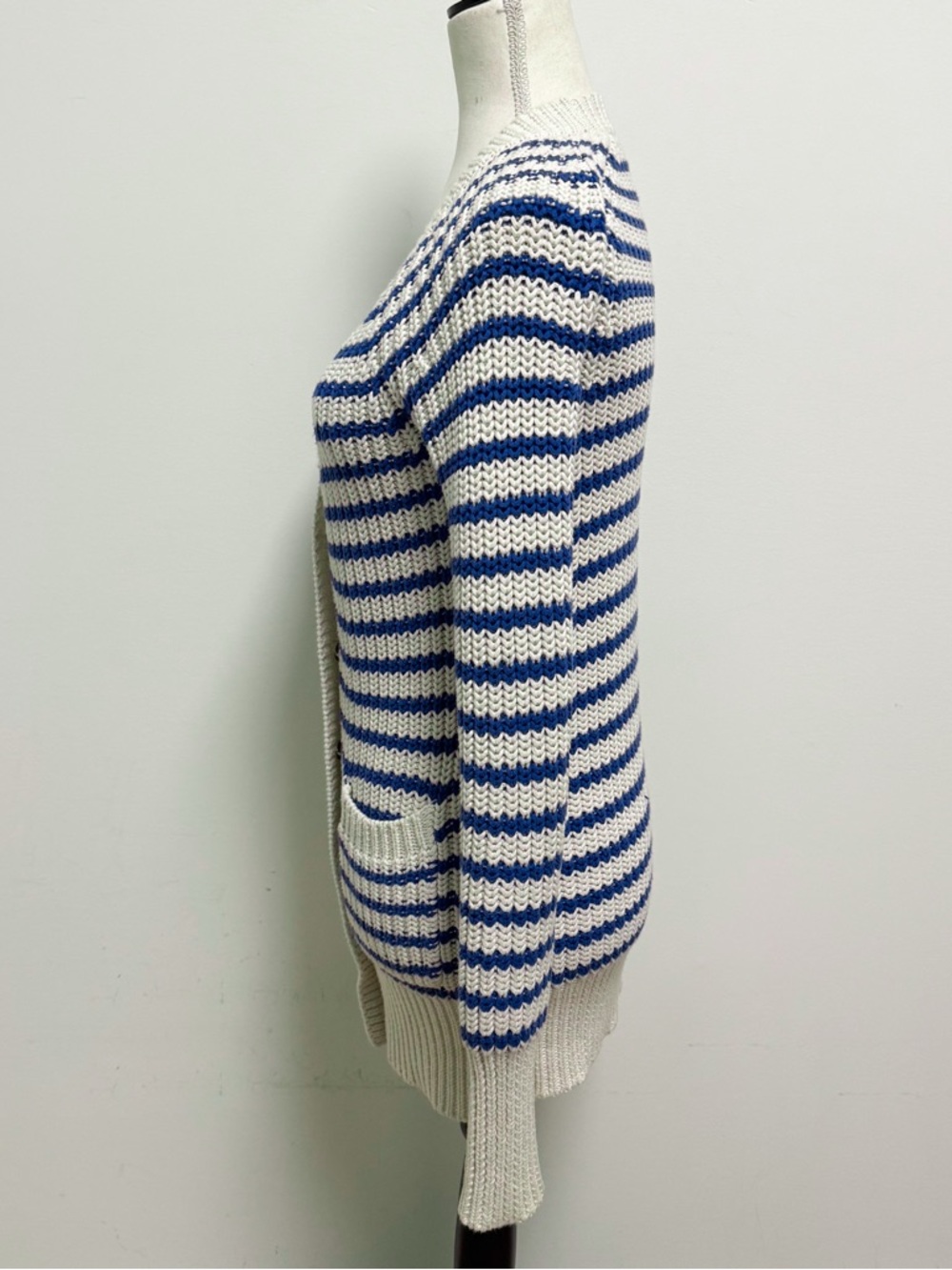 J Crew Cream Blue Purple Stripe Deep V Neck Snap Button Longer Sweater Cardigan - Picture 4 of 9